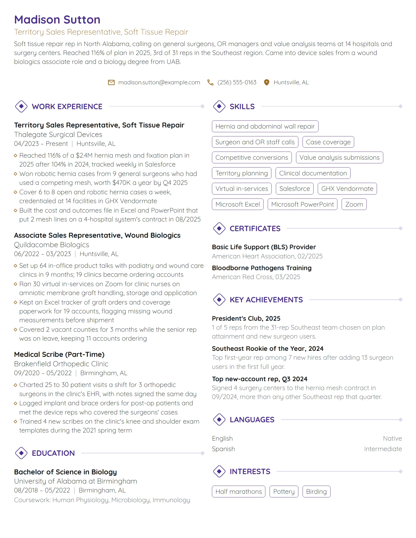 Medical Sales resume example