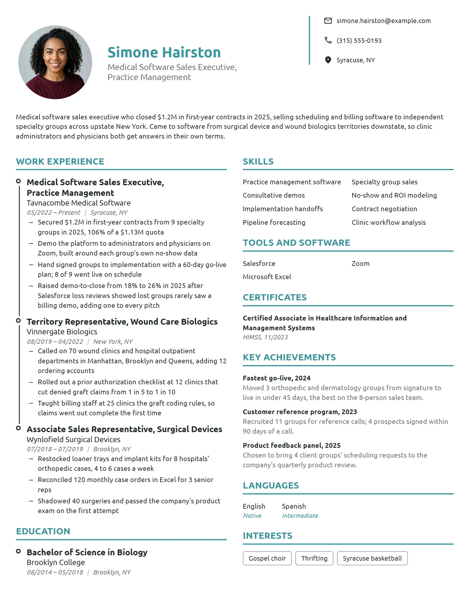 Medical Software Sales Executive resume example