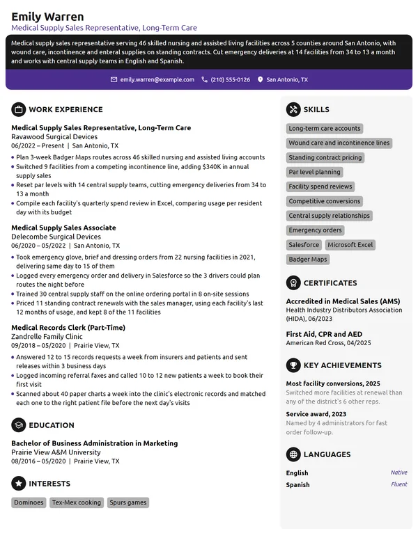 Medical Supply Sales Representative resume example