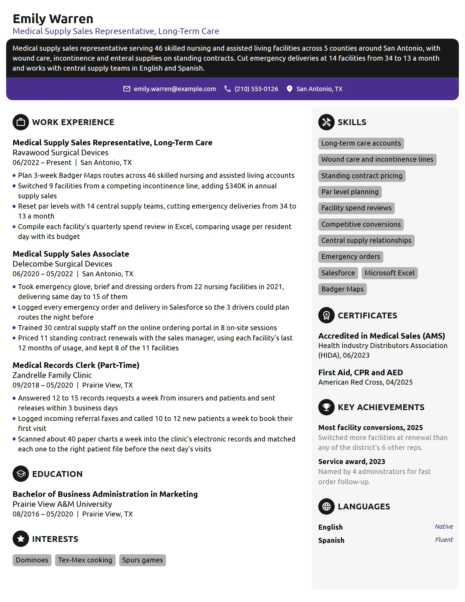 Medical Supply Sales Representative resume example
