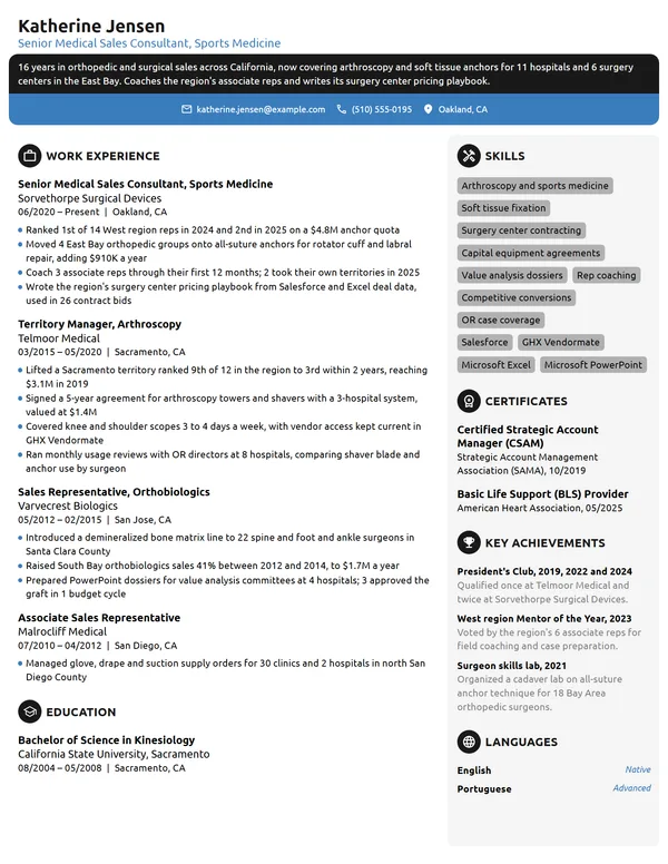 Senior Medical Sales Consultant resume example