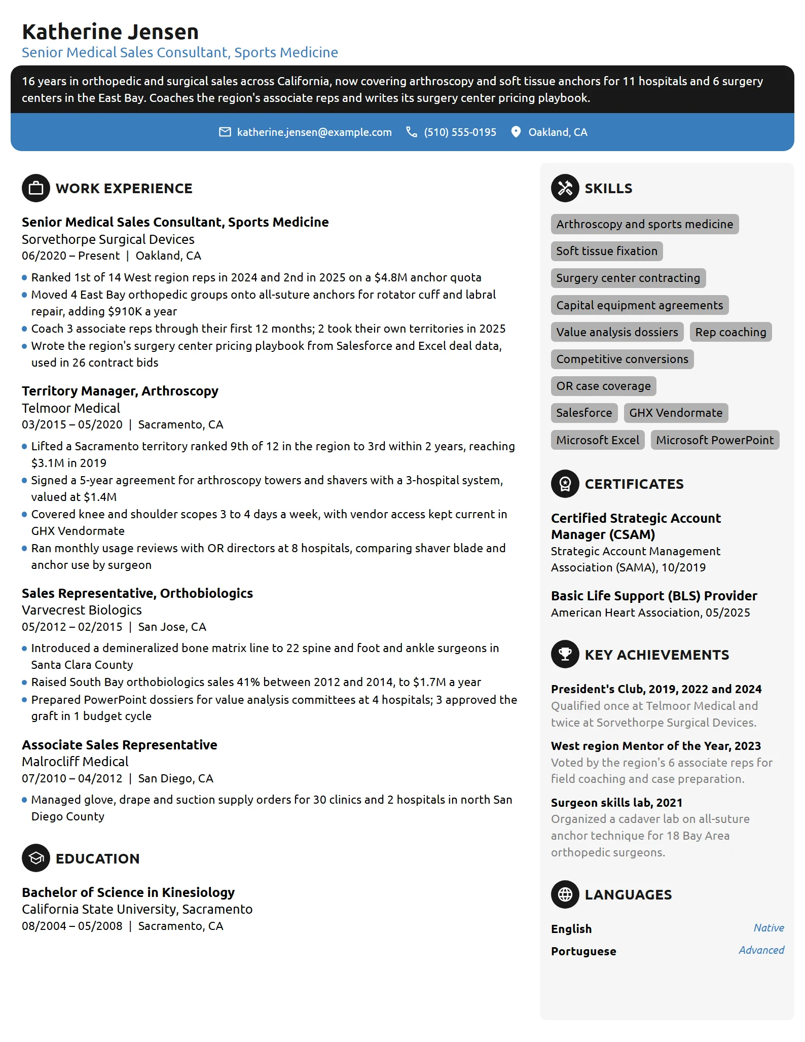Senior Medical Sales Consultant resume example