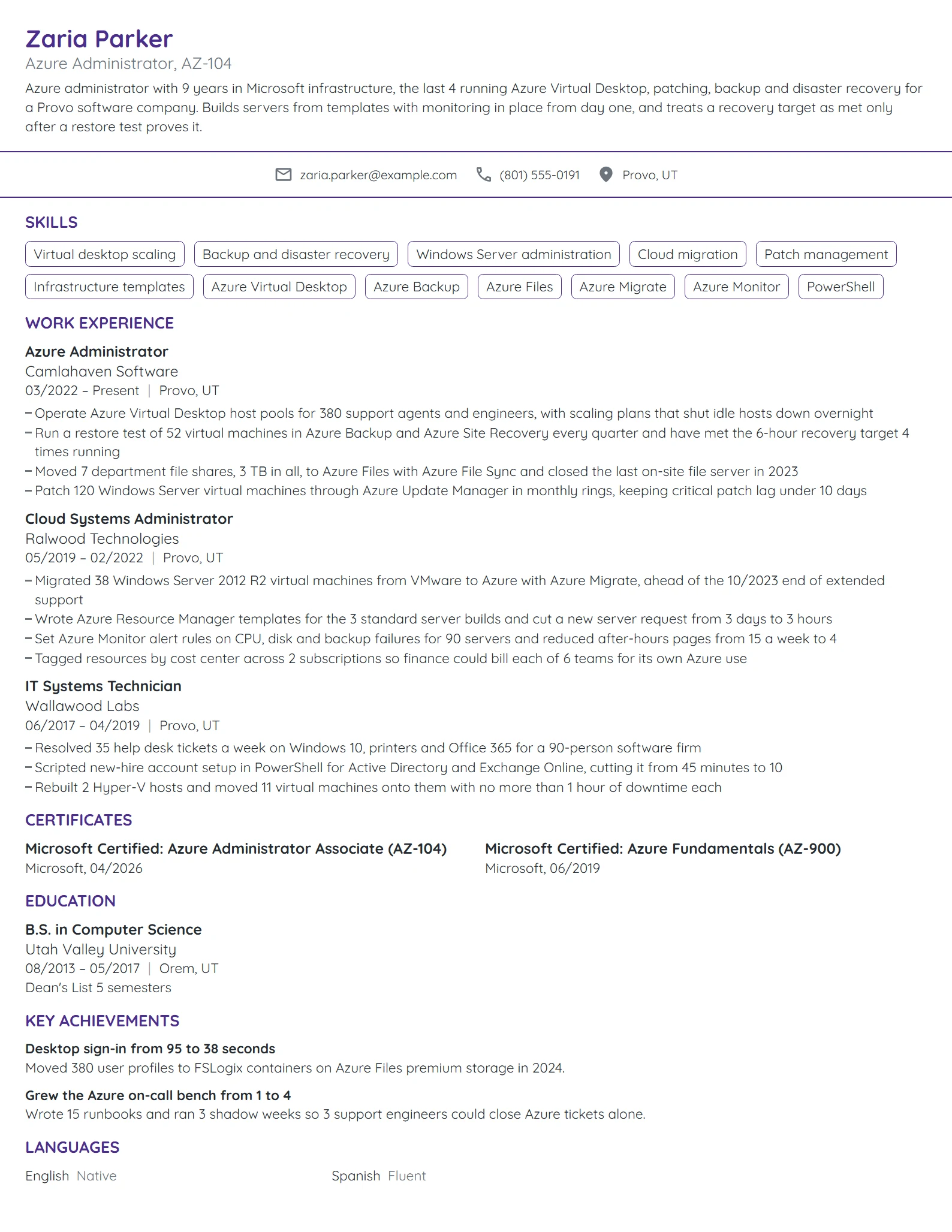 Azure Administrator resume example