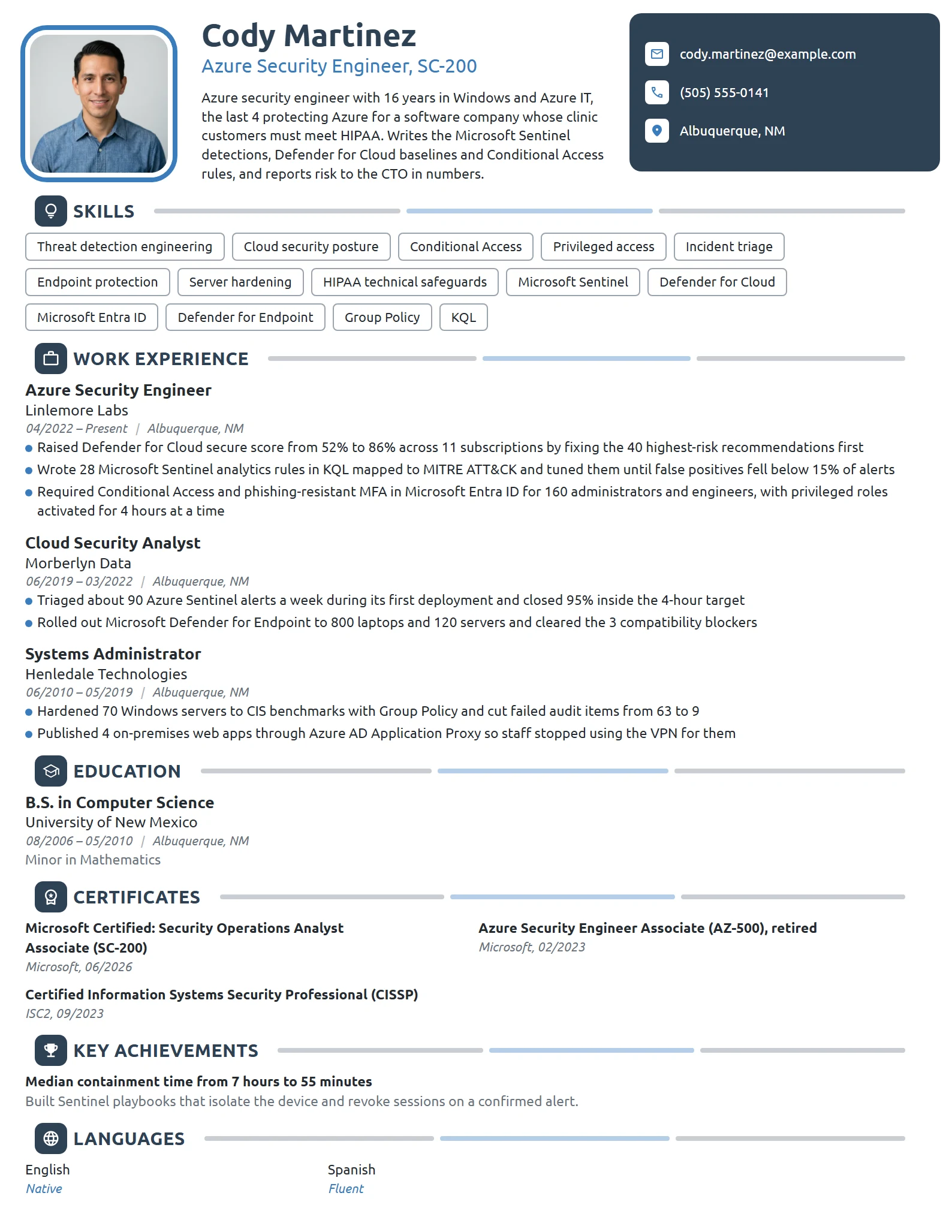 Azure Security Engineer resume example