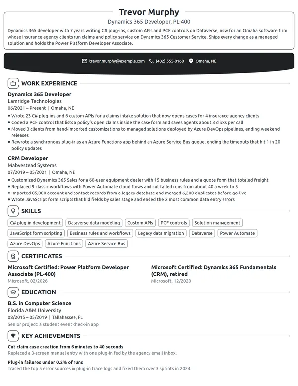 Dynamics 365 Developer resume example