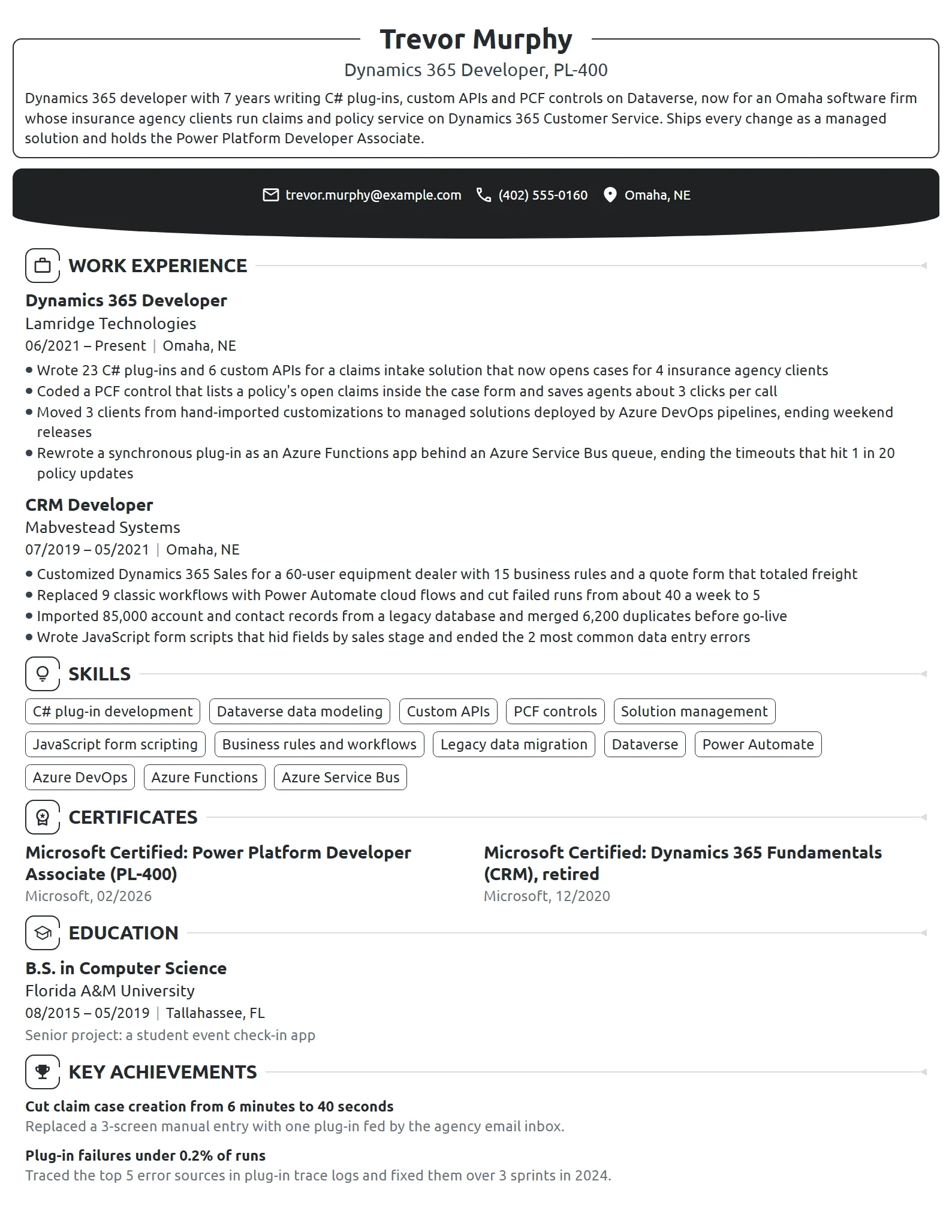 Dynamics 365 Developer resume example