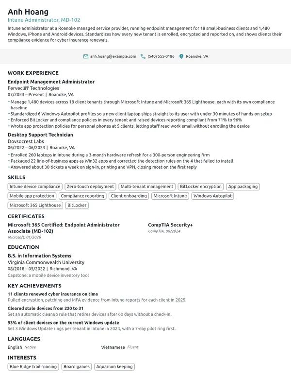 Intune Administrator resume example