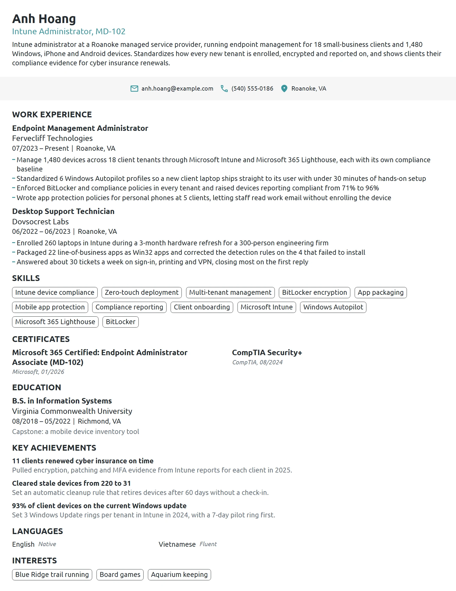 Intune Administrator resume example