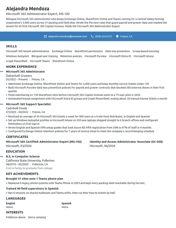 Microsoft 365 Administrator resume example