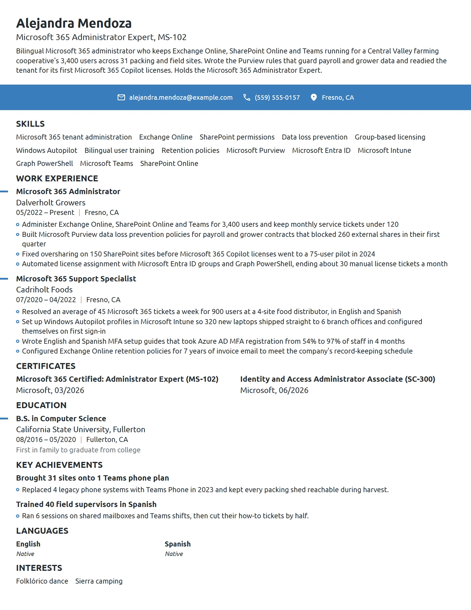Microsoft 365 Administrator resume example