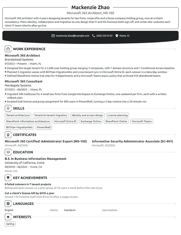 Microsoft 365 Architect resume example