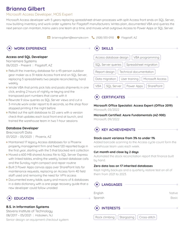 Microsoft Access Developer resume example
