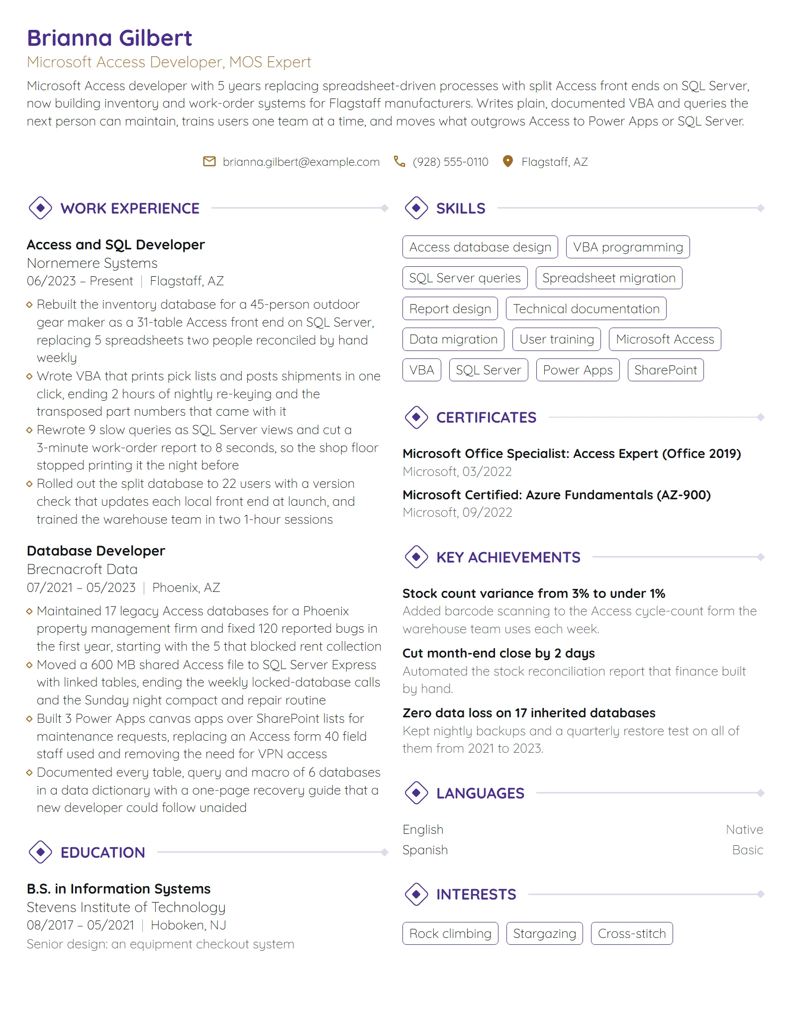 Microsoft Access Developer resume example