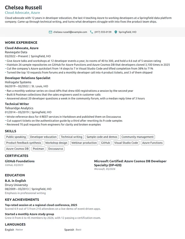 Microsoft Cloud Advocate resume example