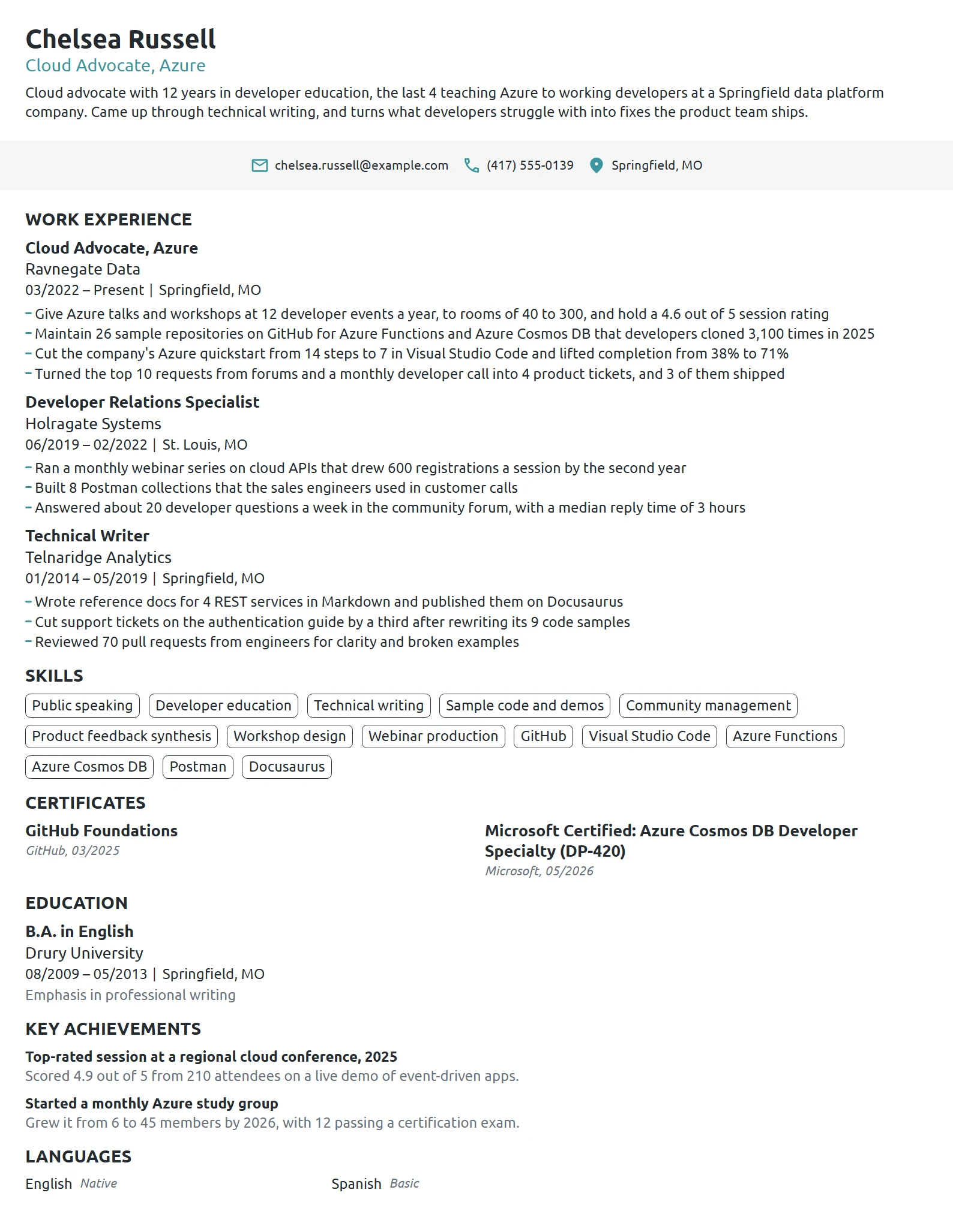 Microsoft Cloud Advocate resume example