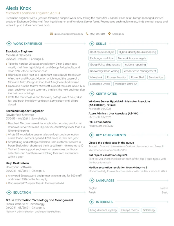 Microsoft Escalation Engineer resume example