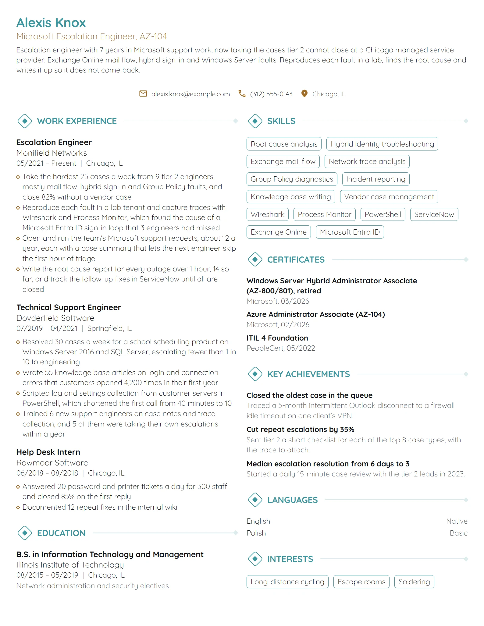 Microsoft Escalation Engineer resume example