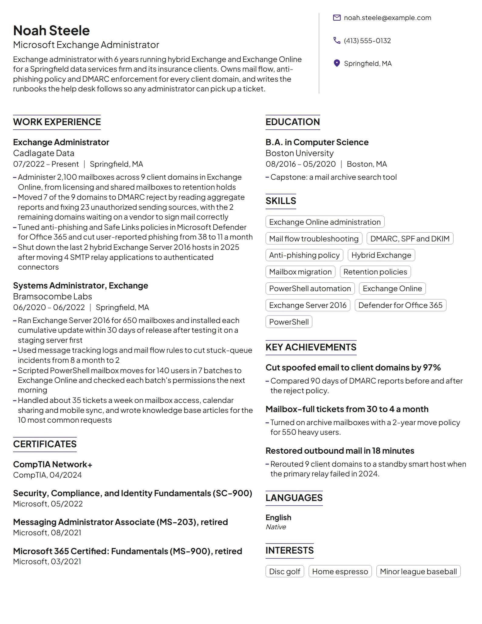Microsoft Exchange Administrator resume example