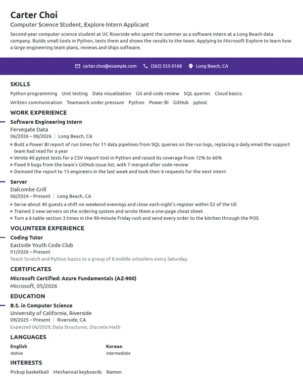 Microsoft Explore Intern resume example
