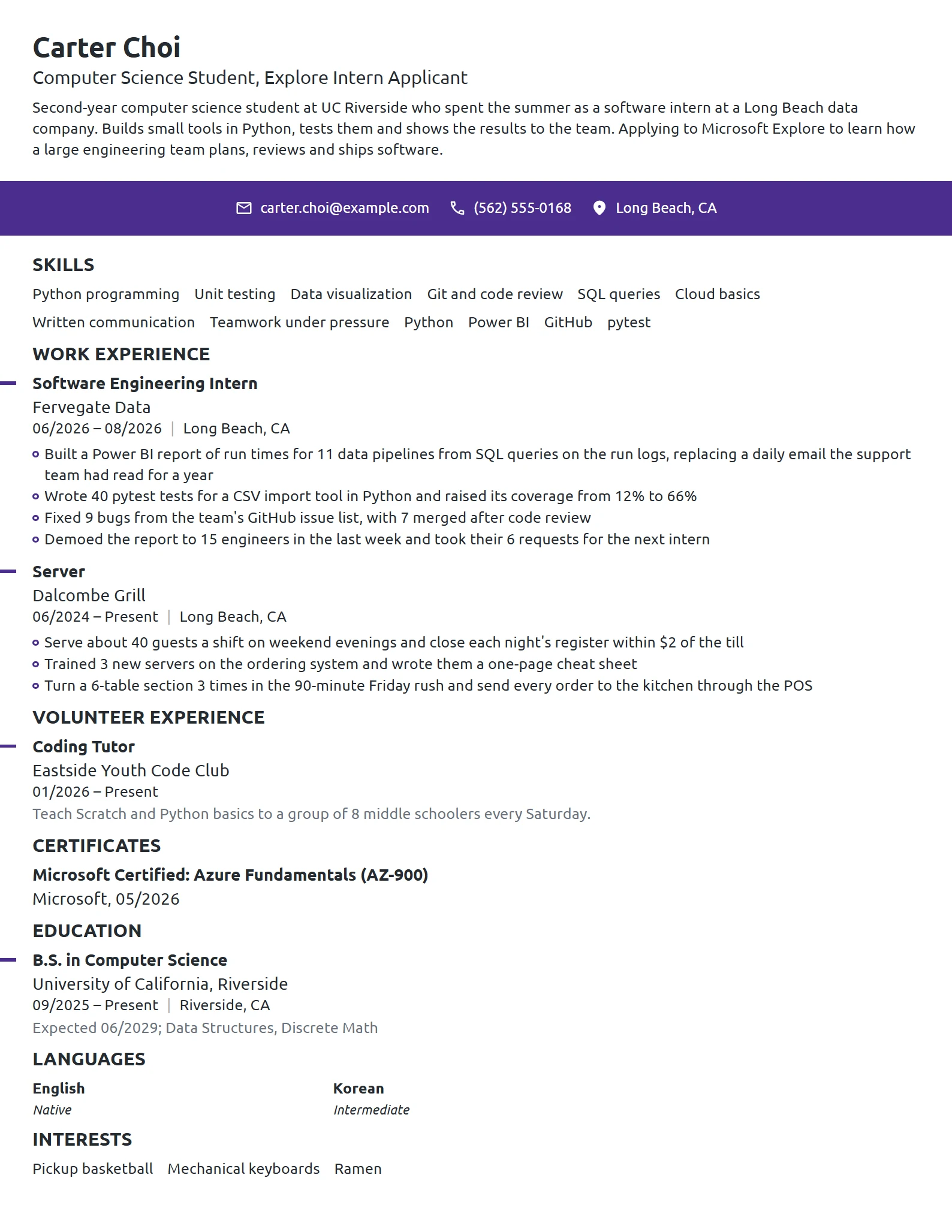 Microsoft Explore Intern resume example