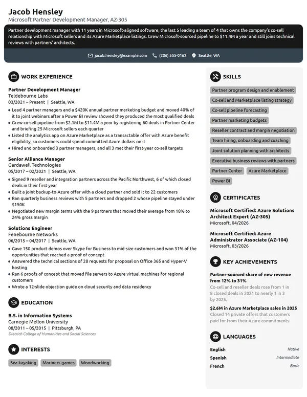 Microsoft Partner Development Manager resume example