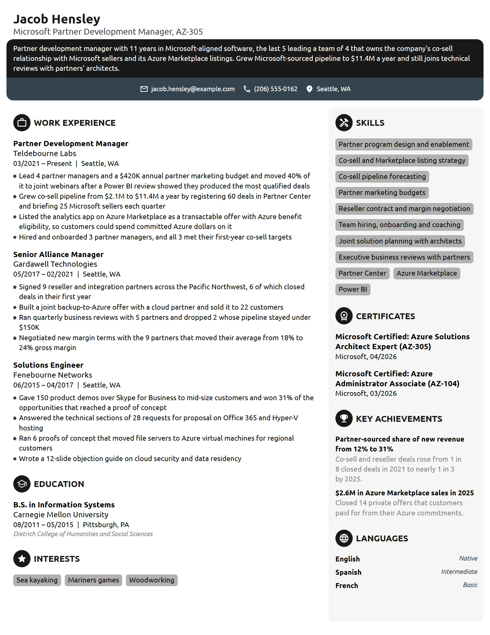 Microsoft Partner Development Manager resume example