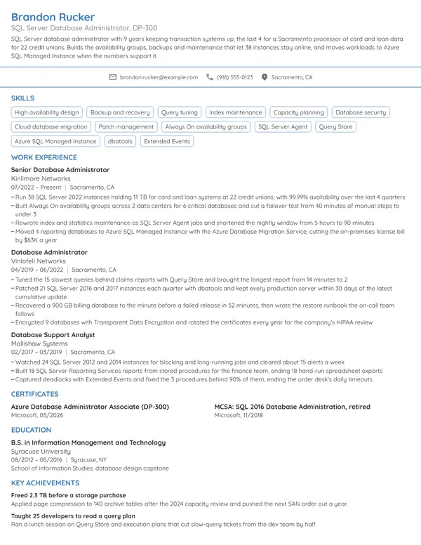 SQL Server Database Administrator resume example