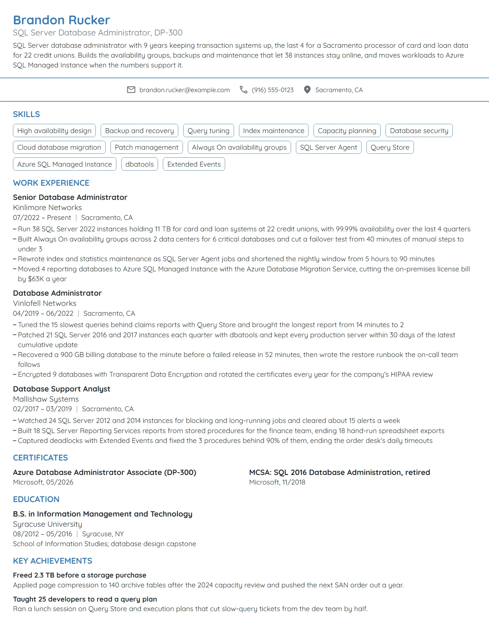 SQL Server Database Administrator resume example