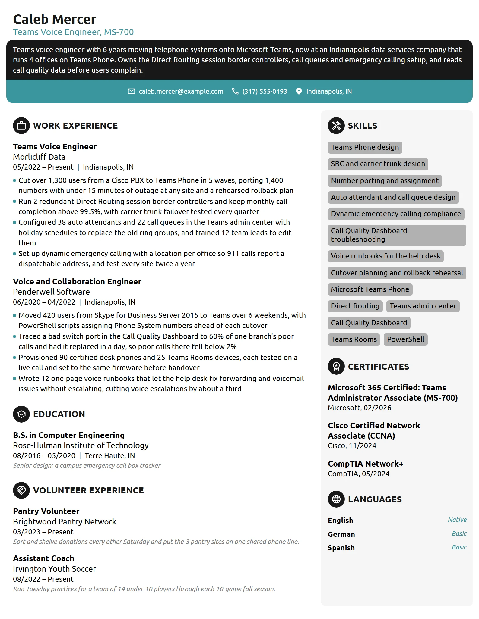 Teams Voice Engineer resume example
