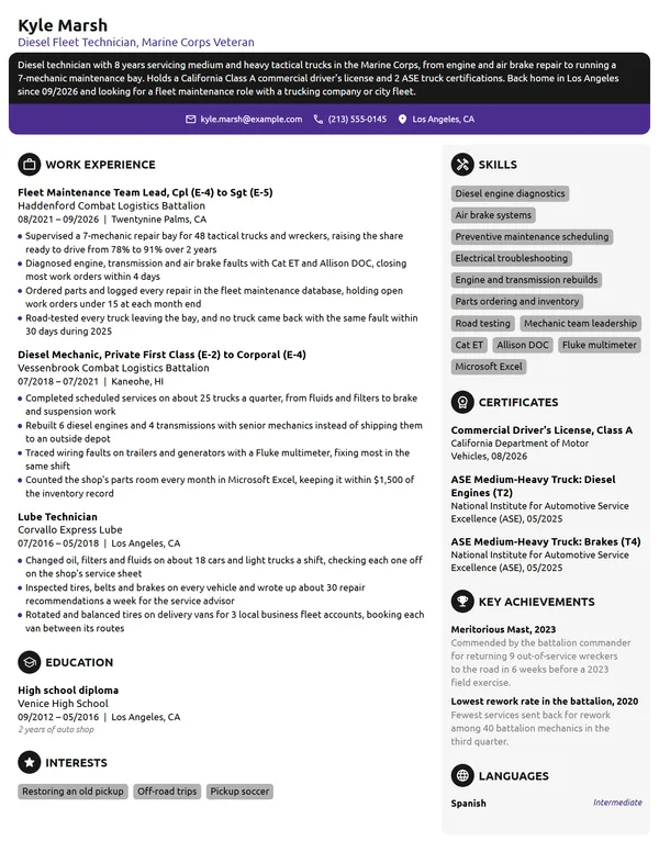 Marine Corps Veteran resume example