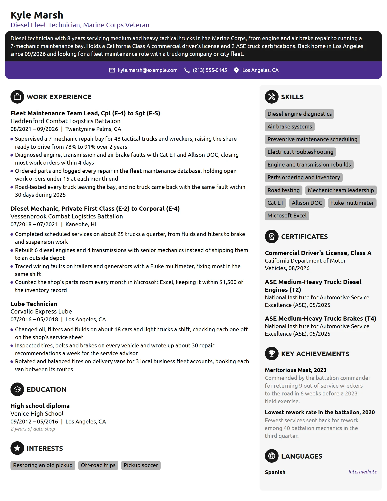 Marine Corps Veteran resume example