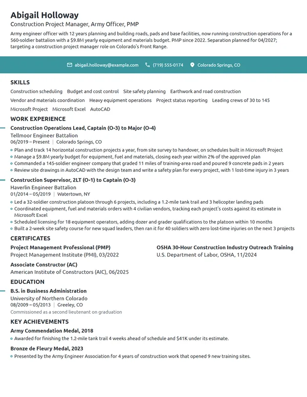 Military Officer Transition resume example