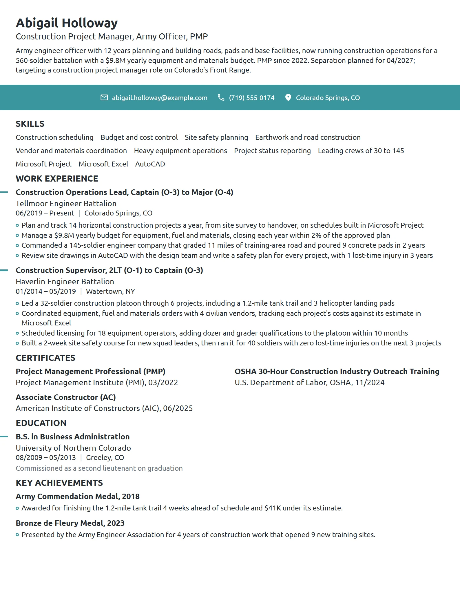 Military Officer Transition resume example