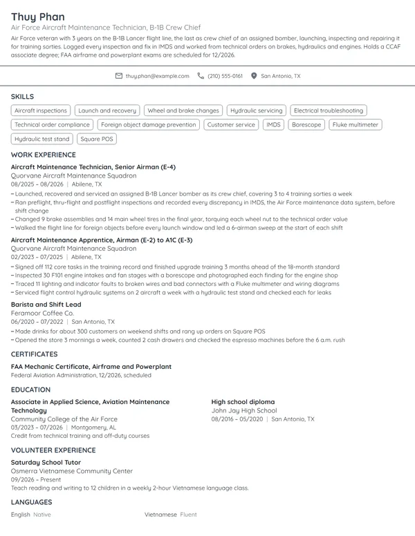 Air Force Aircraft Maintenance Technician resume example