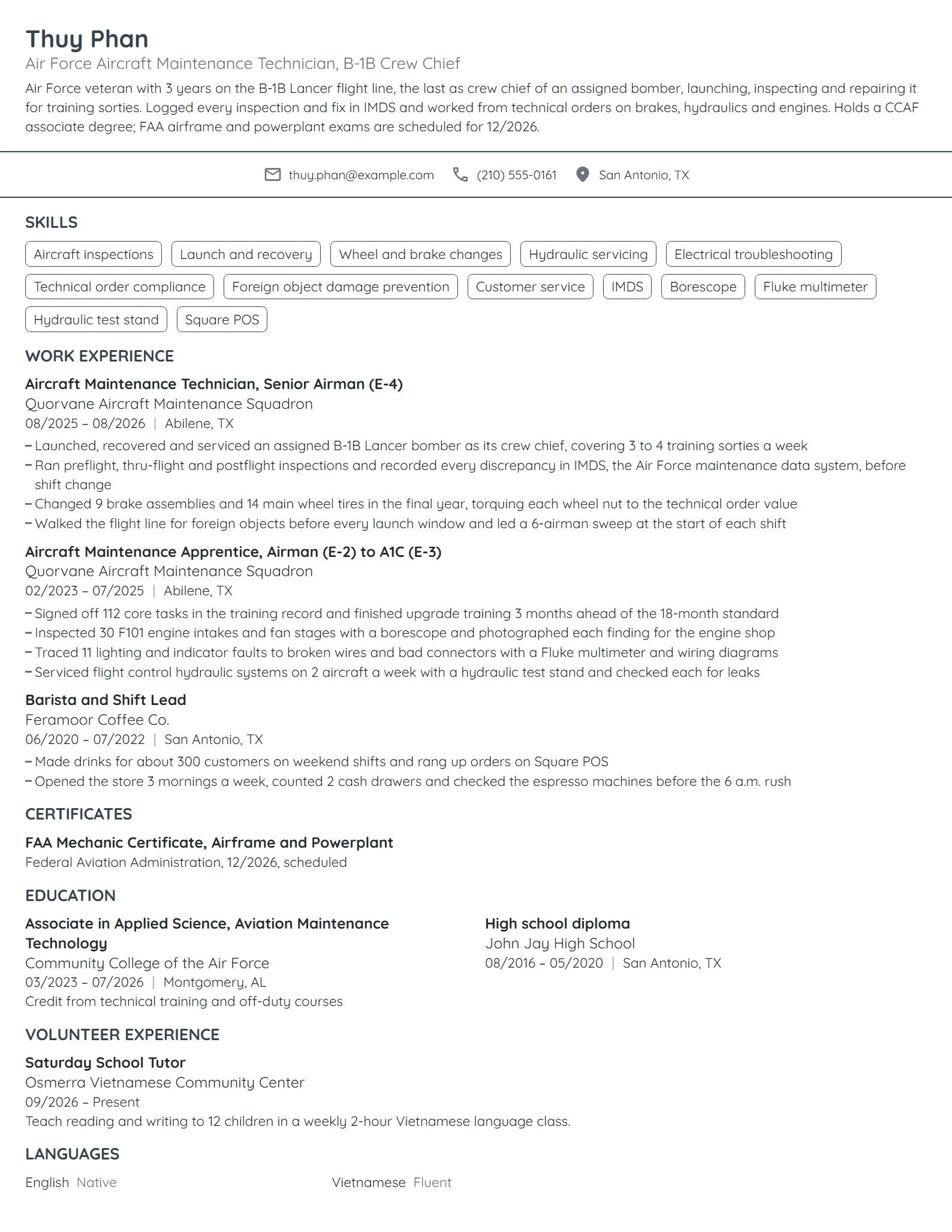 Air Force Aircraft Maintenance Technician resume example