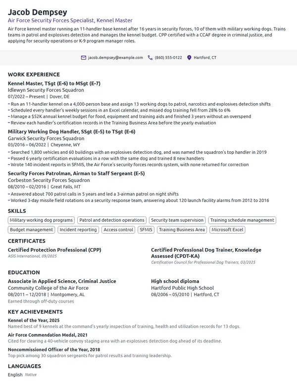 Air Force Security Forces Specialist resume example