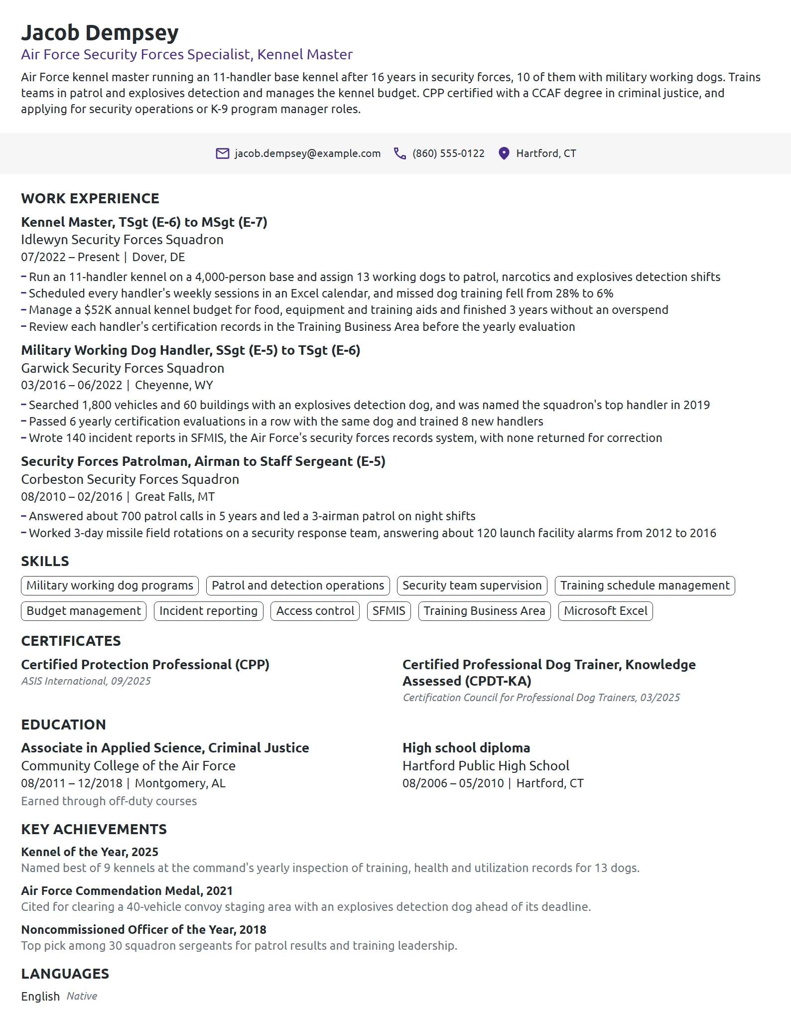 Air Force Security Forces Specialist resume example