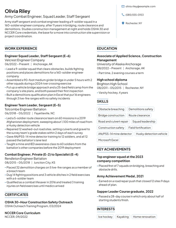 Army Combat Engineer resume example