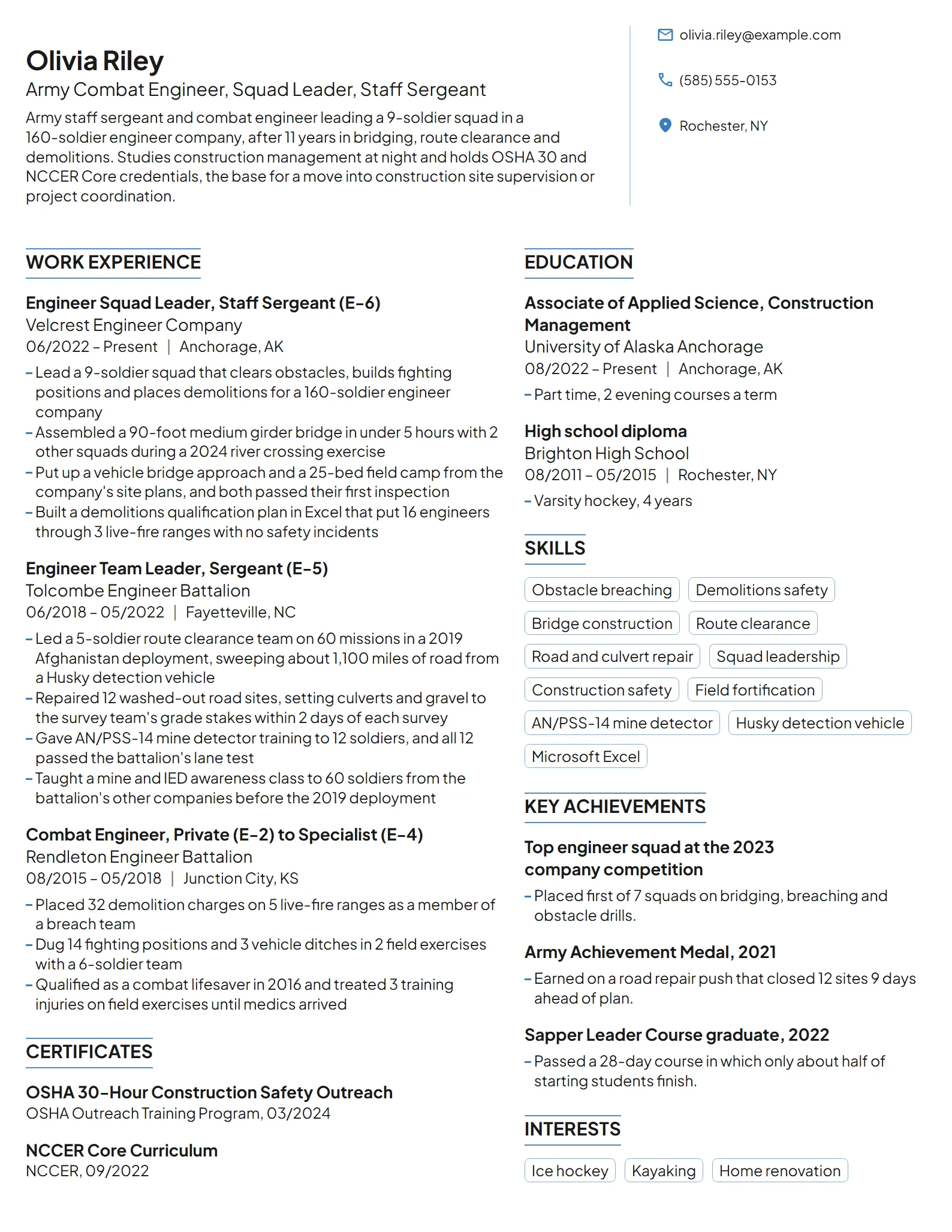 Army Combat Engineer resume example