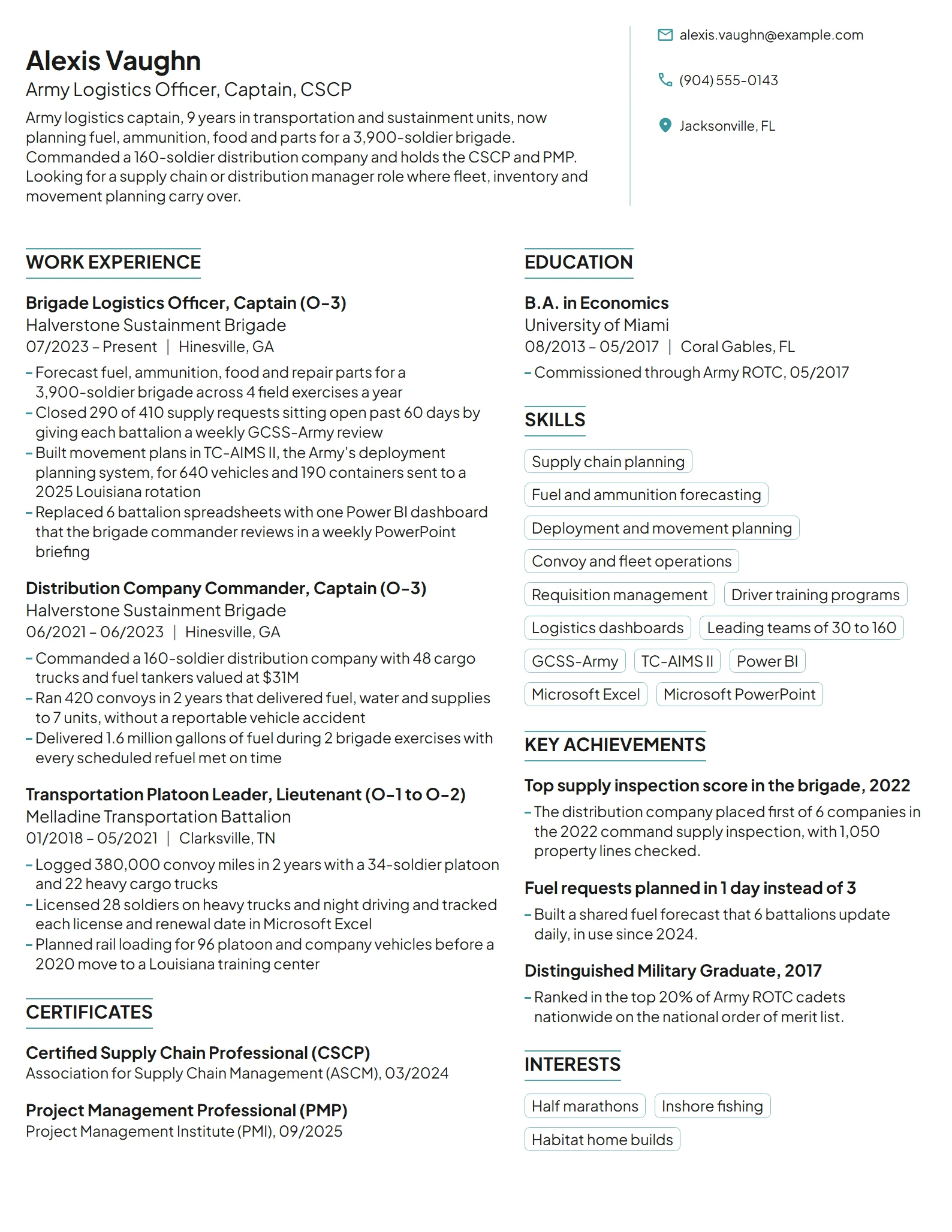 Army Logistics Officer resume example