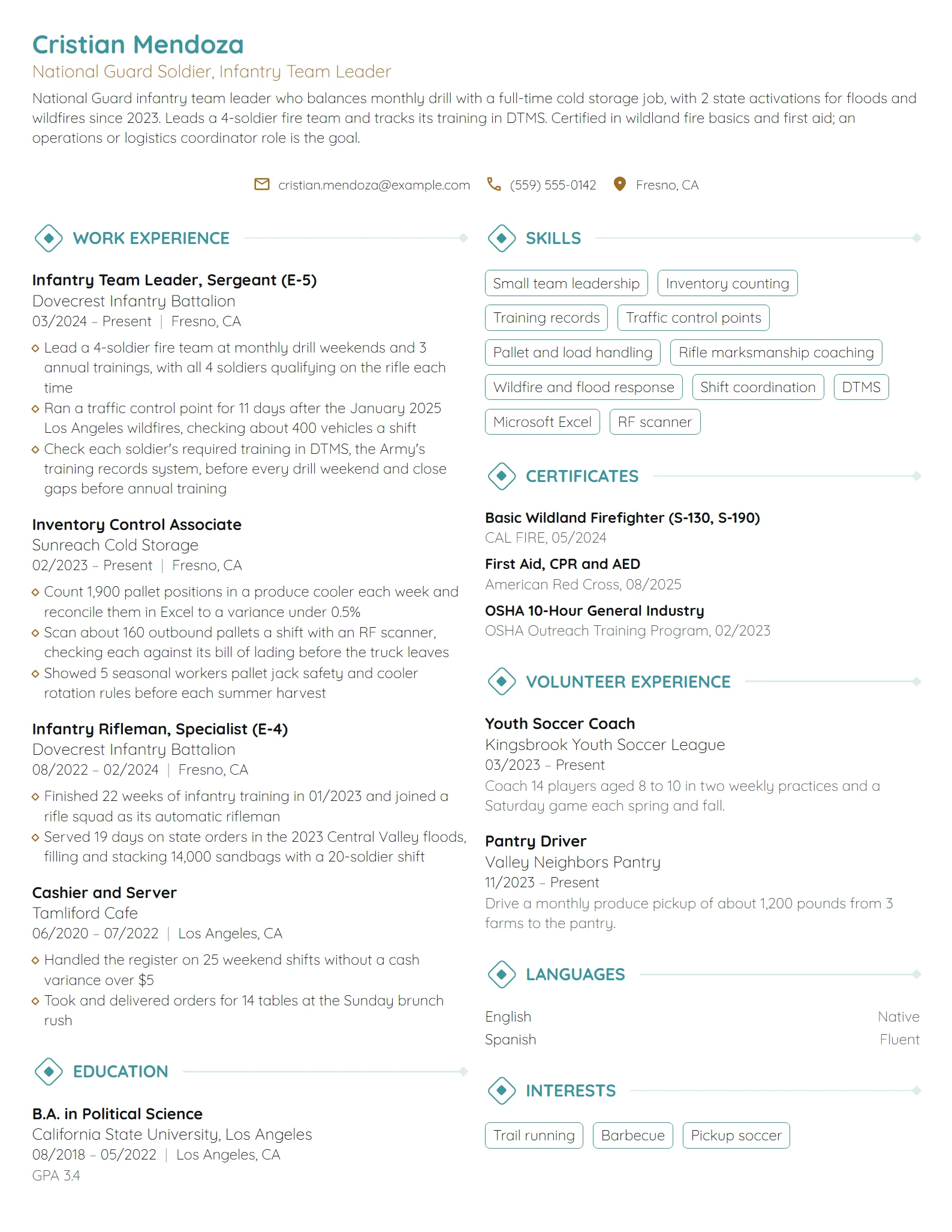 National Guard Soldier resume example