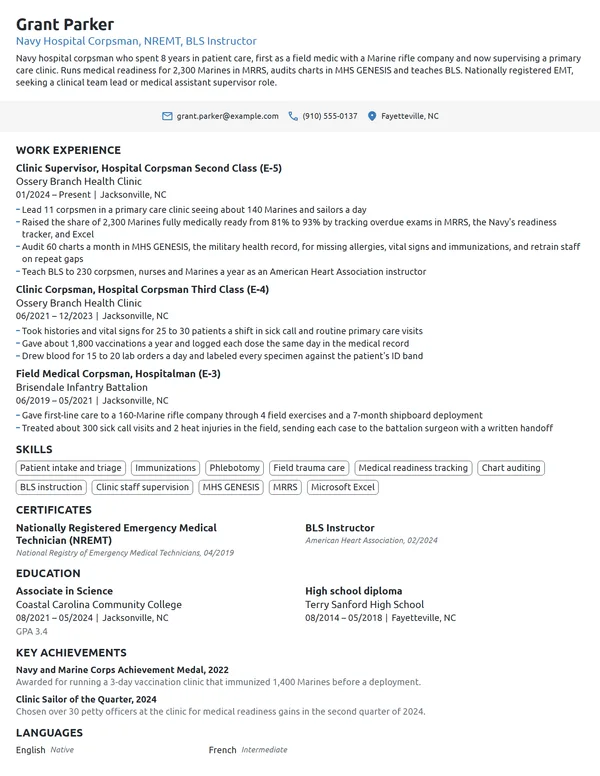 Navy Hospital Corpsman resume example