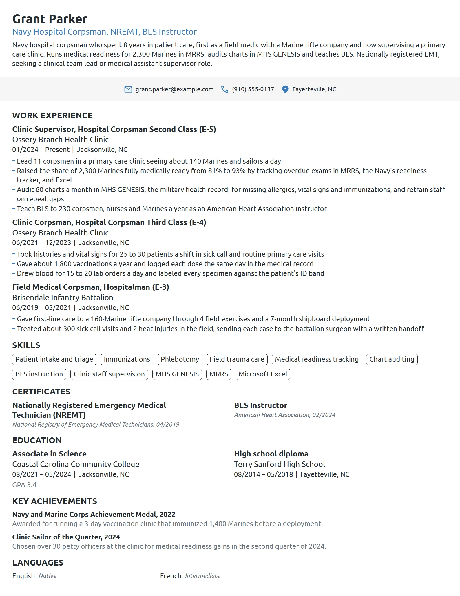 Navy Hospital Corpsman resume example