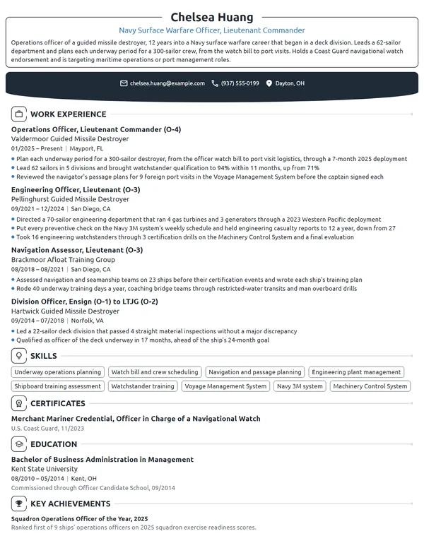 Navy Surface Warfare Officer resume example