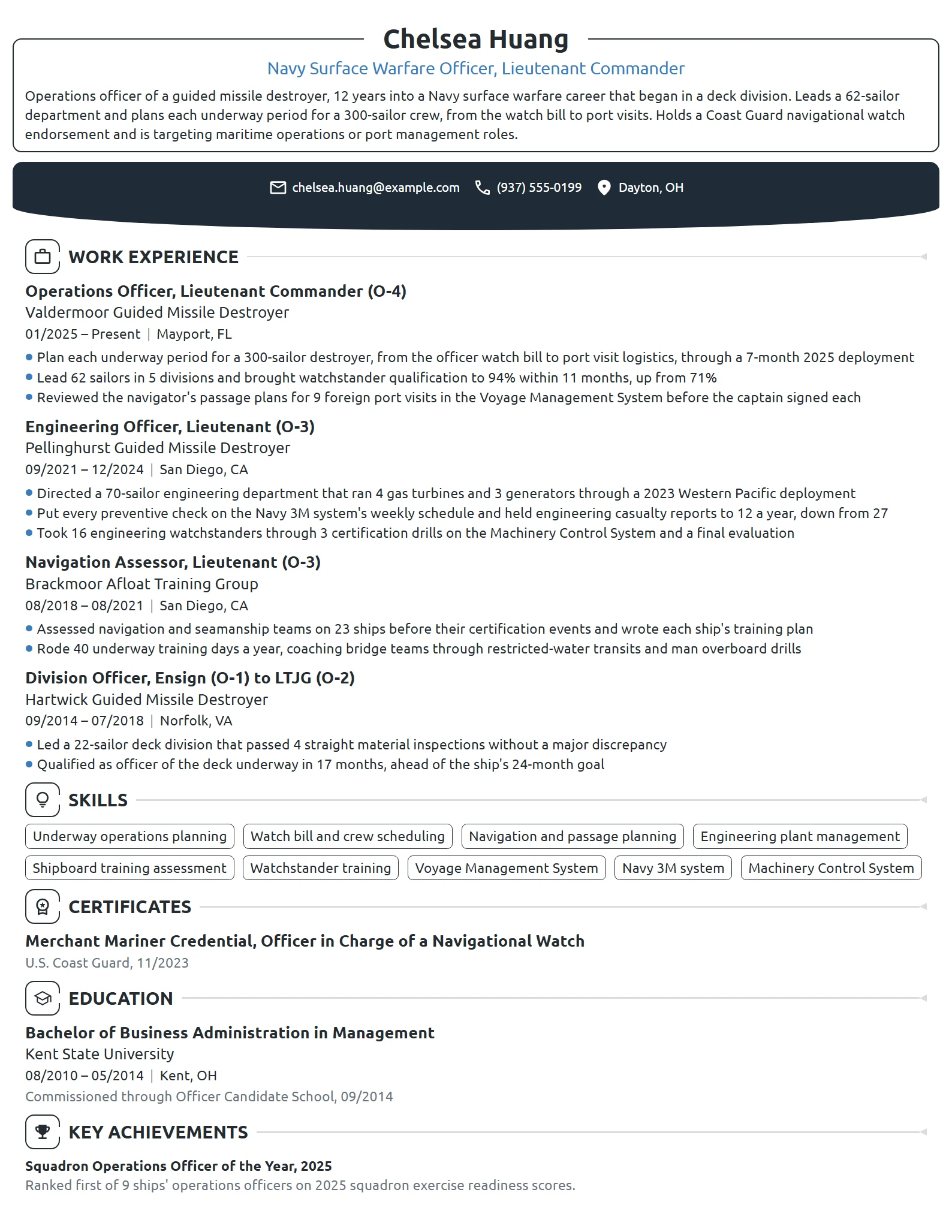 Navy Surface Warfare Officer resume example