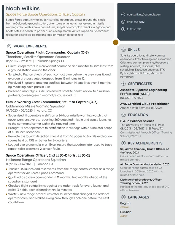 Space Force Space Operations Officer resume example