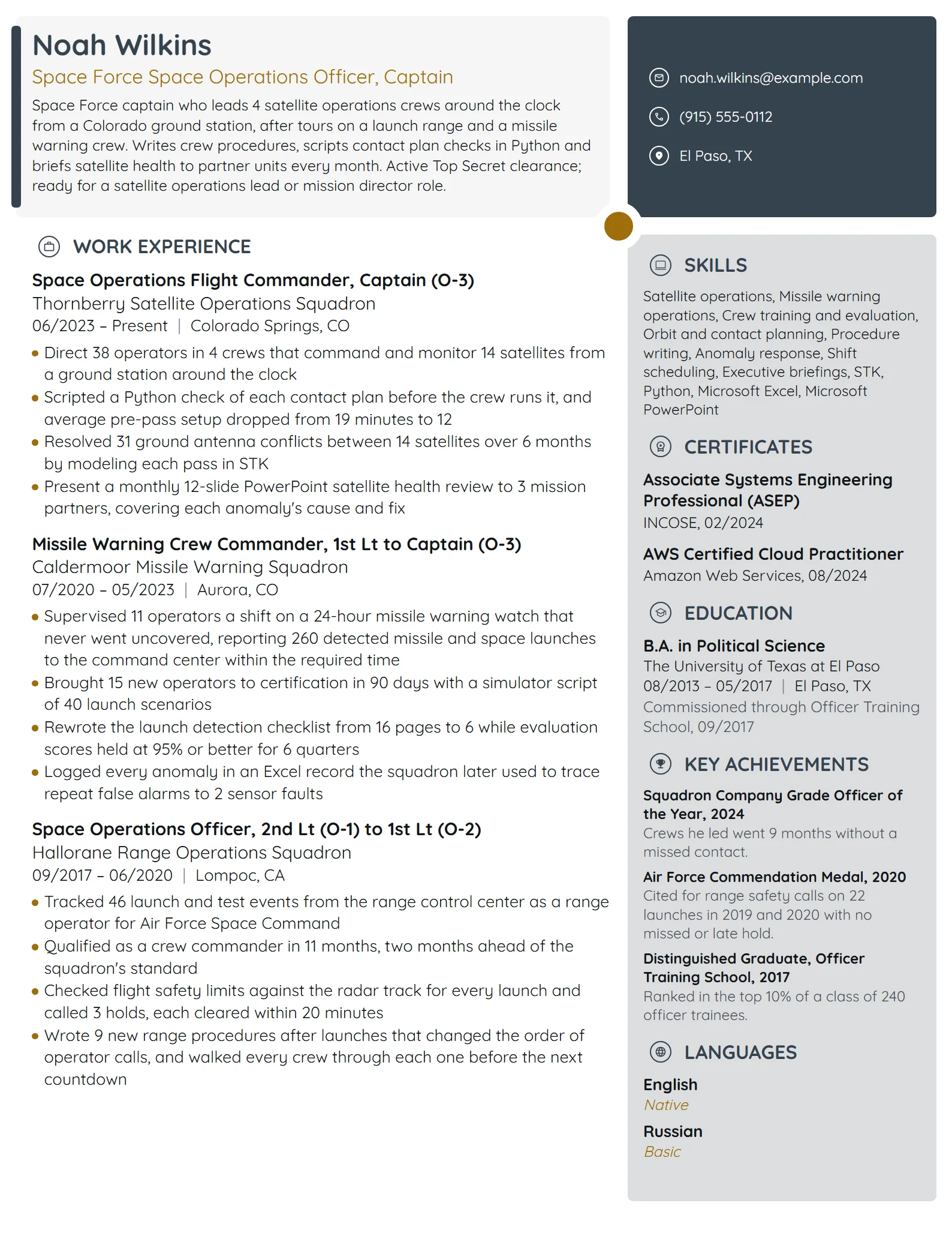 Space Force Space Operations Officer resume example