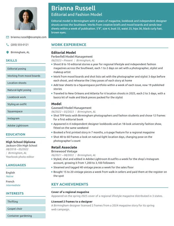 Editorial Model resume example
