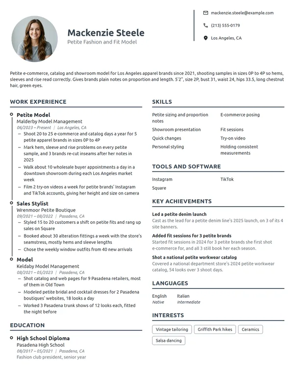 Petite Model resume example