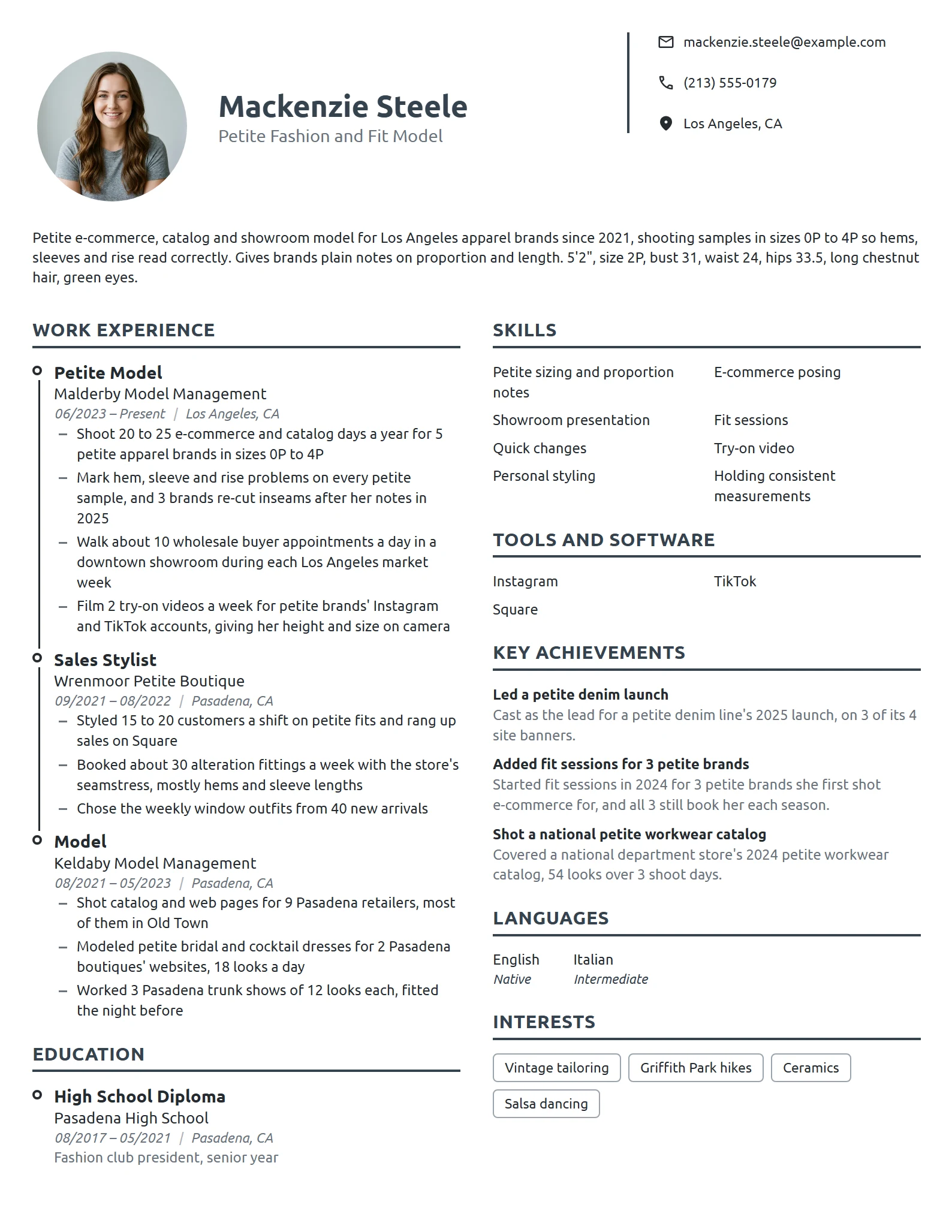 Petite Model resume example